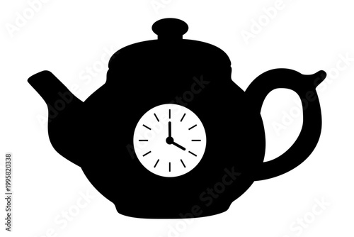 Silhouette of a teapot with a clock symbol. Tea time concept reflecting a break or pause for refreshment. Minimalist graphic icon representing schedule, deadline or daily routine management