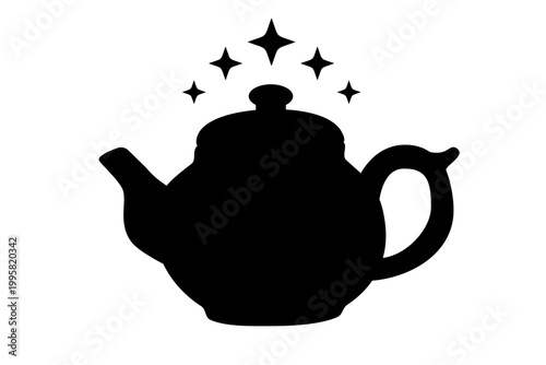 Teapot silhouette icon with sparkles. Cleaning or magic concept reflecting cleanliness and kitchen hygiene. Graphic illustration for restaurant menu or cafe signage or home interior decor