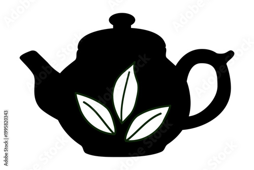 Black teapot silhouette with white leaf ornament. Herbal tea beverage symbol. Minimalist kitchenware icon for cafe, restaurant, organic drink menu and healthy lifestyle design element