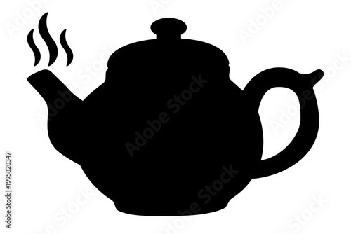 Black silhouette of teapot with rising steam. Kitchenware icon for tea ceremony and beverage preparation. Minimalist vector illustration of hot drink container for cafe menu design