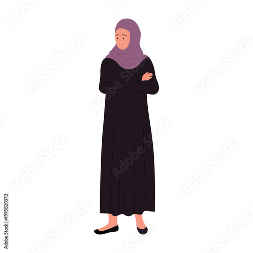 Thinking muslim businesswoman with crossed arms. Arabic office manager in standing pose cartoon vector illustration
