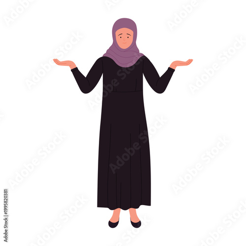 Confused muslim businesswoman. Sad worried arabic female manager cartoon vector illustration