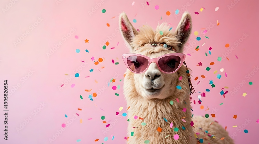 Fototapeta premium Llama wearing sunglasses with colorful confetti on pink background