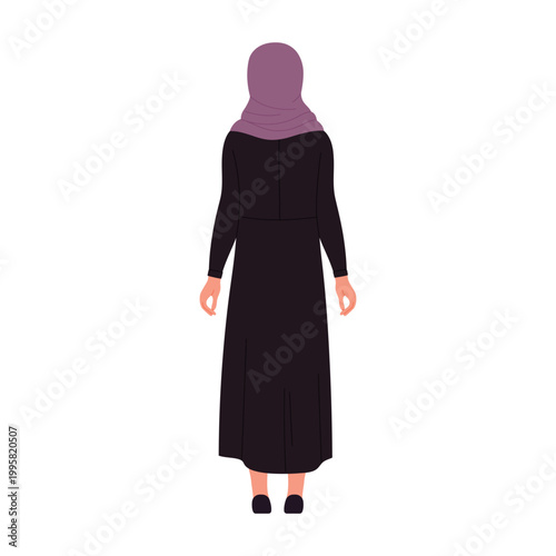 Back view of standing muslim businesswoman. Female arabic manager in standing pose cartoon vector illustration