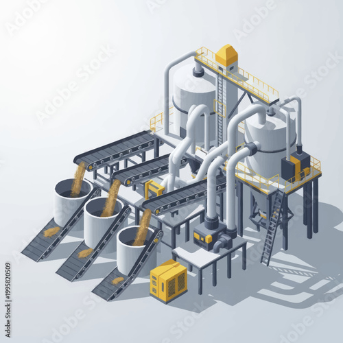 Industrial processing plant with conveyor belts and tanks.