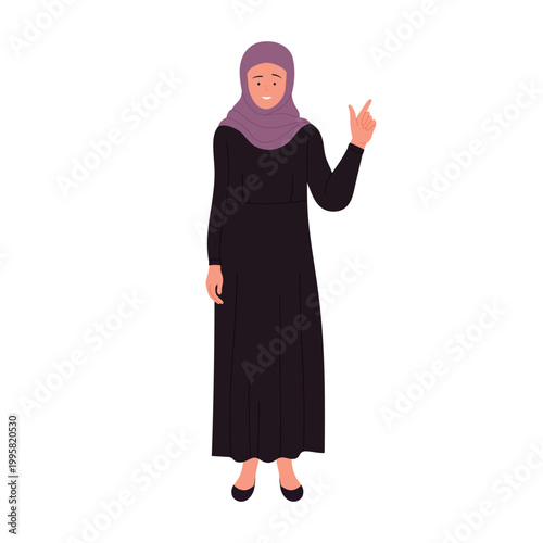 Muslim businesswoman pointing finger gesture. Arabic female manager paying attention cartoon vector illustration
