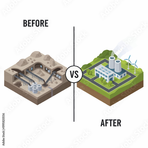 Industrial transformation from old mining to modern renewable energy plant.