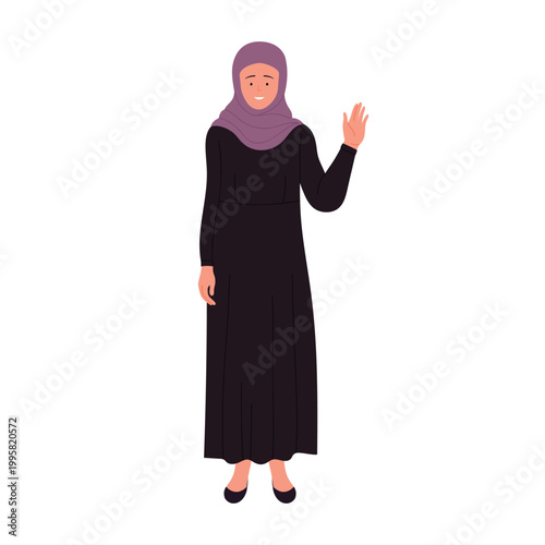 Muslim businesswoman in standing pose shows hello gesture. Arabic female manager waving cartoon vector illustration