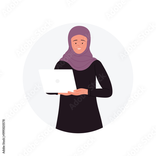 Muslim businesswoman with laptop. Arabic female office manager with hijab cartoon vector illustration