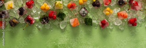 Green background with ice cubes with frozen berries and fruits and mint, banner