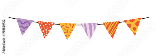 Colorful celebration party garland. Hanging decorative party garland, triangle happy birthday garland vector cartoon illustration