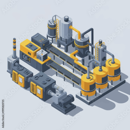 Modern industrial factory complex with machinery and conveyor belts.