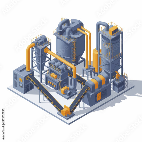Modern industrial factory complex with pipes and machinery.