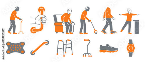 Elderly Care and Mobility Assistance Icons Set, Senior Citizens Daily Living Aids, Safety Equipment for Disabled People, Healthcare Vector Symbols for Rehabilitation, Nursing Home Support Visual Graph