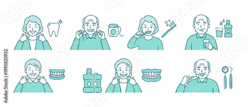 Senior Dental Care Oral Hygiene Icons Set for Elderly People with Healthy Teeth, Dentures, Brushing, Flossing, Mouthwash and Dental Checkup Infographic Vector Illustrations in Flat Minimalist Line Sty