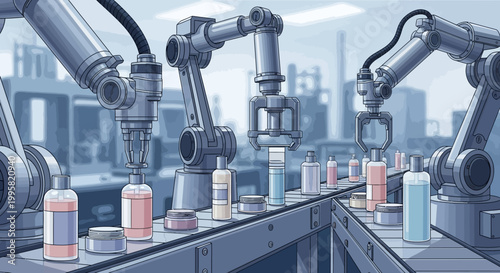 Robotic arms assemble vials on a production line in an industrial factory setting.