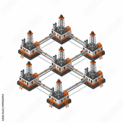 Offshore oil rig platform complex connected by pipelines illustration.