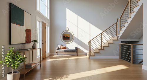 Modern home entryway bathed in natural sunlight with a contemporary staircase and minimalist decor for a luxury living concept and aspirational lifestyle