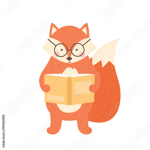 Cute fox with glasses reading story book. Forest wild animal gaining knowledge cartoon vector illustration
