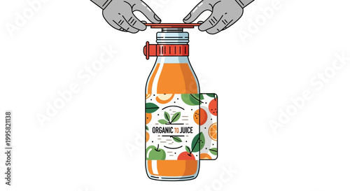 Hands opening a bottle of orange juice with a straw on a table indoors