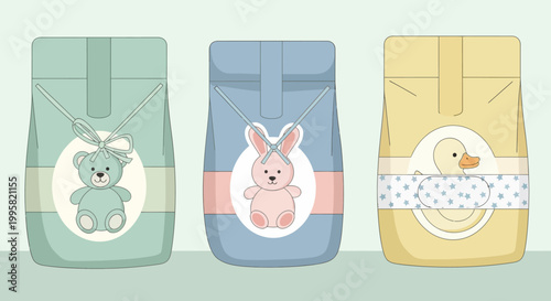 Three colorful baby gifts wrapped with teddy bear bunny and duck designs
