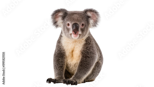 Gray fluffy Koala sitting facing forward with large ears and paws