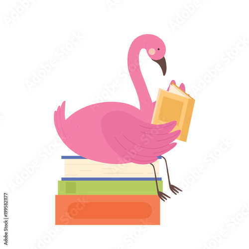 Flamingo sitting on books and reading. Zoo bird book lover, library literature cartoon vector illustration