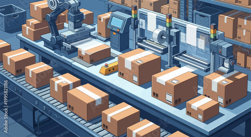 A robotic arm efficiently packages boxes on a conveyor belt in a modern factory warehouse setting with machines and workers.