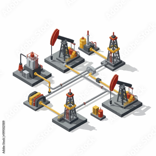 Oil extraction and transportation industrial complex isometric illustration.