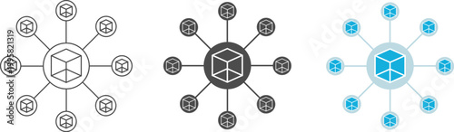 Blockchain network icon set illustrating digital nodes, decentralized connection, and crypto technology concepts.
