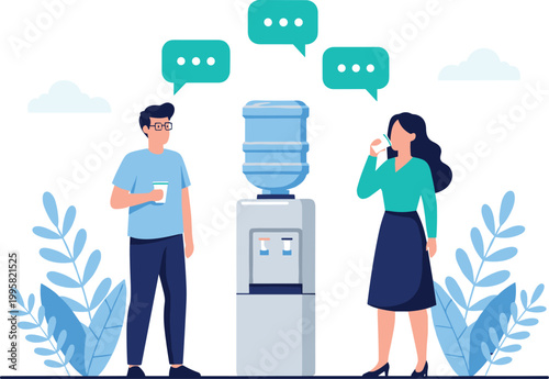 Office Professionals Having Casual Conversation at Water Cooler with Speech Bubbles Representing Team Communication and Workplace Break Culture in Modern Flat Vector Illustration Style for Corporate B