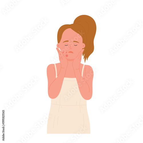 Sad girl with facial skin allergy. Rash on face, allergic reaction, acne pimples flat vector illustration