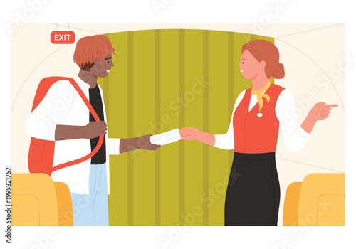 Airplane passenger with boarding pass. Cabin crew assistance on airplane cartoon vector illustration