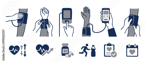 Blood pressure measurement steps and health monitoring icons set, medical diagnostic symbols, heart rate, medication and patient checkup chart, flat vector illustration for clinical healthcare educati