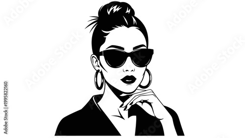Stylish Woman with Sunglasses and Updo Hairstyle, Elegant Pose, Black and White Portrait