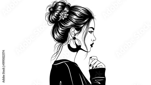 Elegant Woman Profile, Messy Bun Hairstyle, Large Hoop Earrings, Black Top, Minimalist Line Art