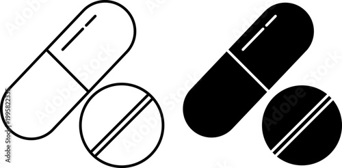 Medicine Tablet And Capsule Icon Set Pill Medication Drug Outline And Glyph Vector Illustration