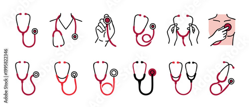 Stethoscope Medical Icons Set Vector Collection for Healthcare Diagnostic Tools. Various clinical auscultation equipment symbols, doctor examination instruments, flat line art graphics for hospital an