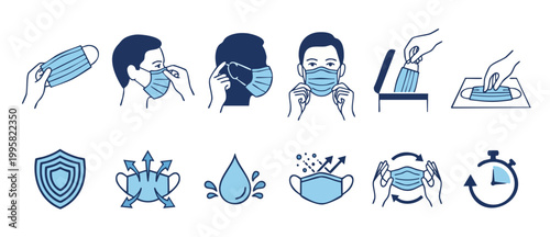 Face Mask Usage Instructions Guide Icons Set, Correct Protocol for Wearing Surgical Masks, Prevent Virus Infection and Hygiene Prevention Procedures, Blue Line Vector Illustration for Health Awareness
