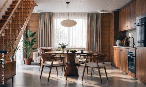 Modern open plan living room and kitchen interior with dining area featuring wooden details and natural light for comfortable Scandinavian living concept