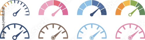 Speedometer Gauge Icon Set, Color Vector Illustration of Speed Indicator Measurement, Car Dashboard Dial Symbols for Performance Monitoring, Vehicle UI Design, Automotive Apps, and Technology Concepts