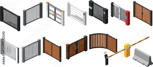 Security Gate and Barrier Collection with Metal Fence Sliding Gate Boom Barrier Access Control Entrance Systems Vector Illustration Set for Property Protection