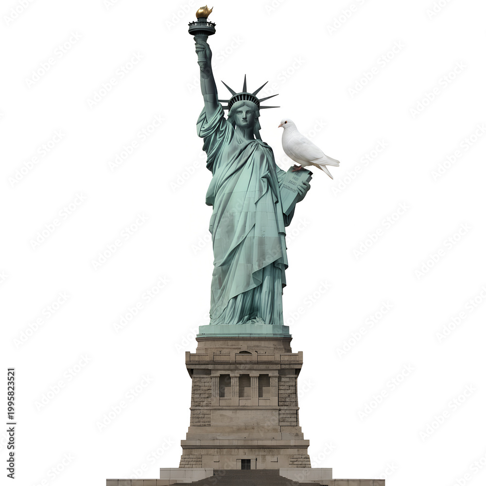 Fototapeta premium statue of liberty isolated on white, a statue of liberty with a bird on top of it with Statue of Liberty in the background.