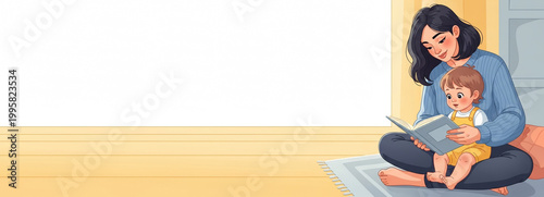 Mother and child sitting on the floor reading a storybook at home for early childhood development concept and nurturing family bonding illustration