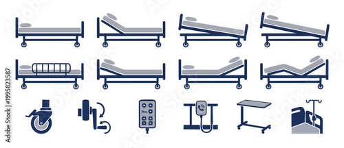 Hospital bed icons set with adjustable positions, medical equipment controls, side rails, and bedside table graphics for clinical facility design and healthcare interface navigation web UI elements.