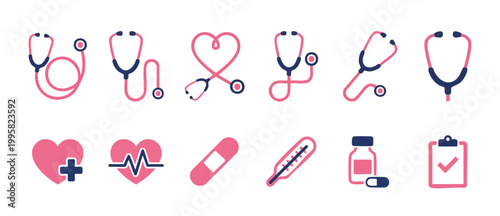Medical Stethoscope Icon Set for Healthcare Diagnosis and Heart Health Care Analysis, Minimalist Flat Design Symbols for Clinical Examination, Doctor Consultation Tools, Hospital Equipment Graphic Ico