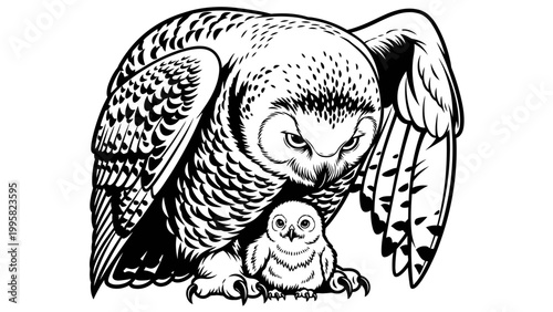 Majestic Snowy Owl Mother Protecting Her Chick, Wildlife Art, Black and White Illustration