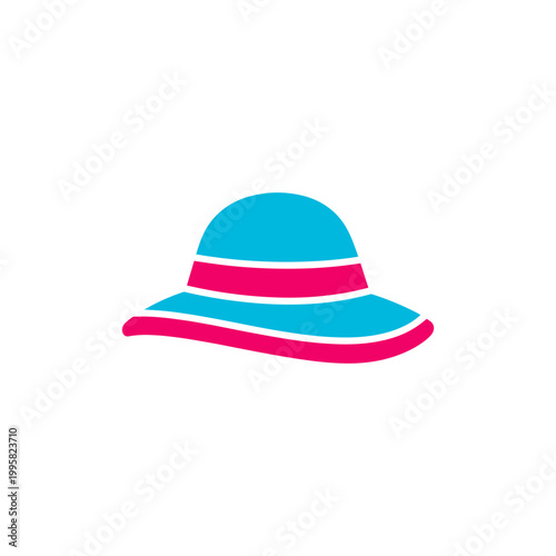 Bright turquoise and magenta striped summer hat with wide brim and bold design isolated on white background