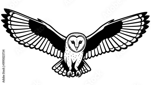 Obraz na plátně Barn Owl Flying Silhouette, Black and White, Wings Spread Wide, Hunting