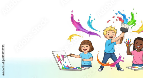 Happy diverse children painting and splashing vibrant colors on a white background for a childhood creativity concept and artistic expression